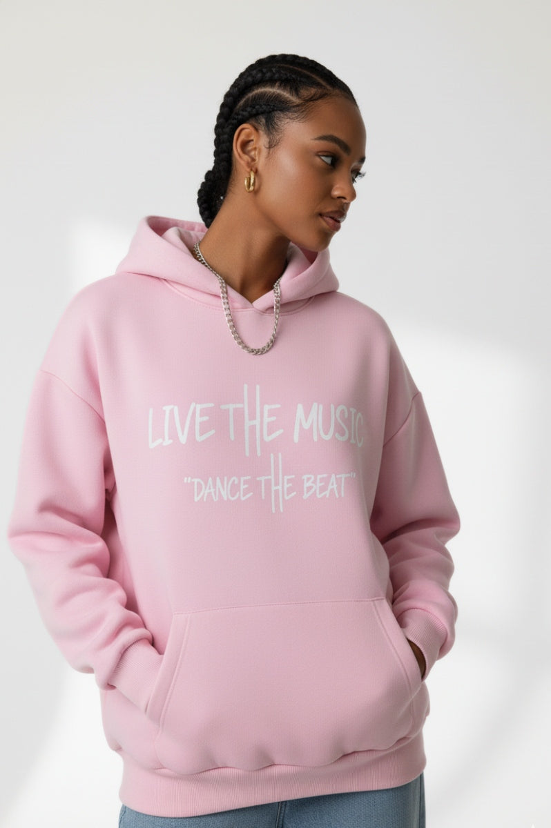 'Live The Music' Pale Pink Oversize Hoodie