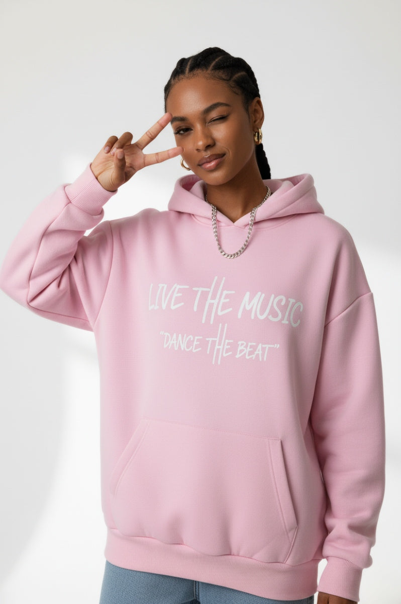 Live The Music' Pale Pink Oversize Hoodie | FitMe Clothing