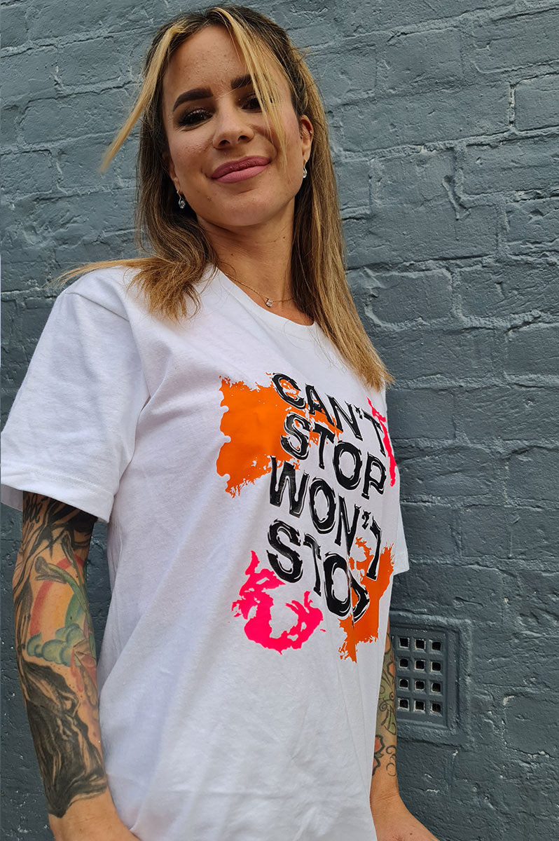 'Can't Stop Won't Stop' Slogan White T-Shirt - FitMe Clothing
