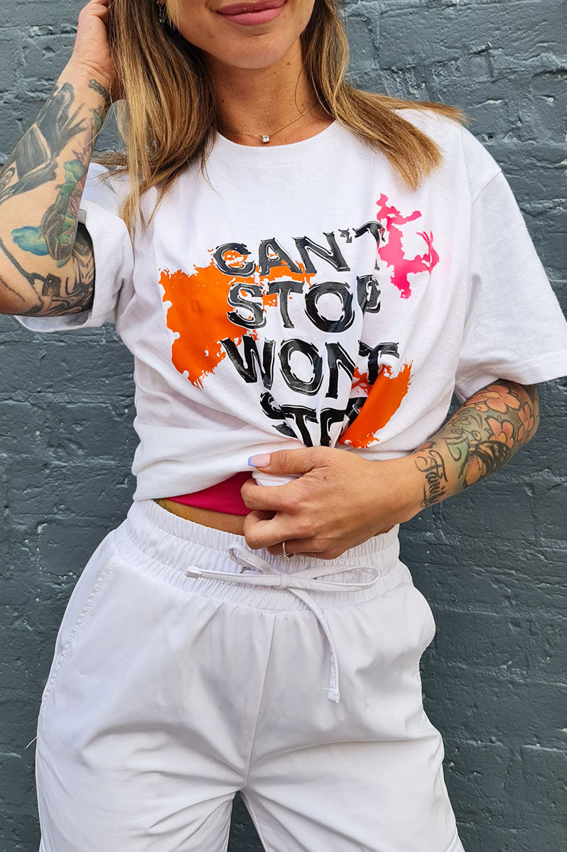 'Can't Stop Won't Stop' Slogan White T-Shirt - FitMe Clothing