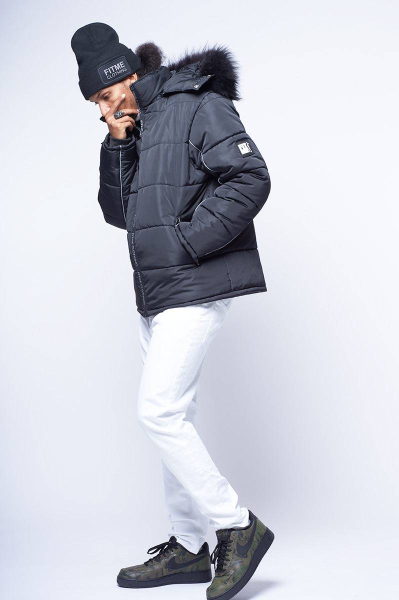 Black Reflective Hooded Puffer Jacket - FitMe Clothing