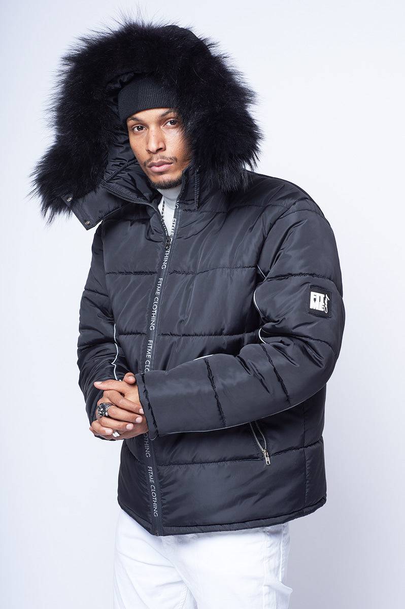Black Reflective Hooded Puffer Jacket - FitMe Clothing