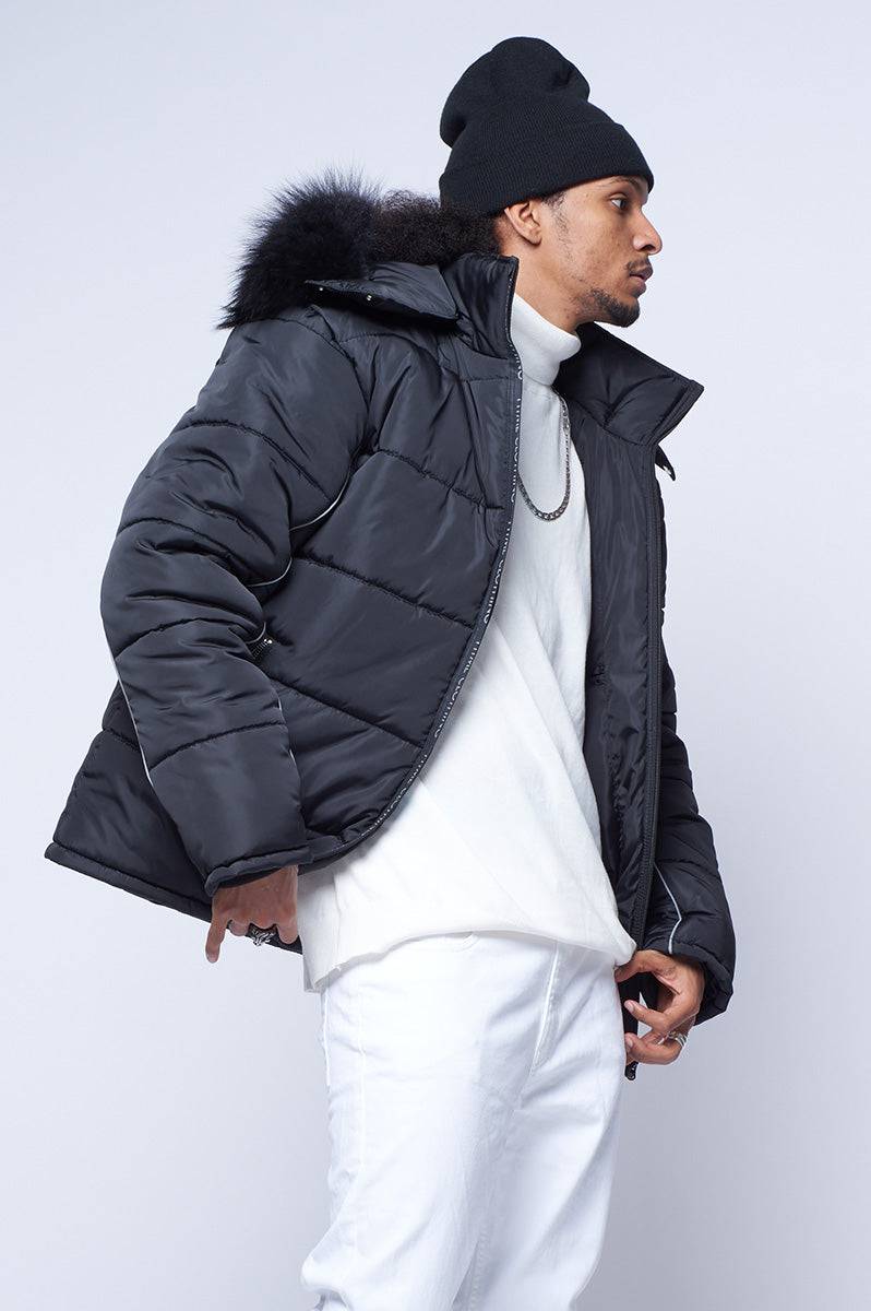 Black Reflective Hooded Puffer Jacket - FitMe Clothing