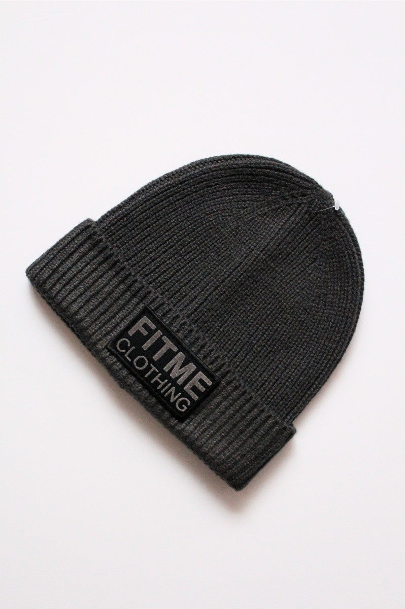 Dark Grey Black Patch Logo Beanie