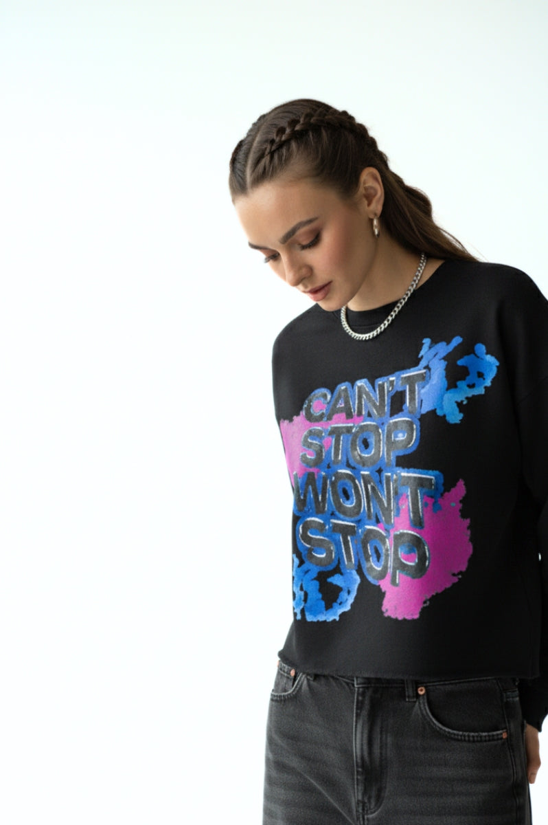 CAN’T STOP WON’T STOP – Women’s Cropped Raw-Hem Streetwear Black Sweater - FitMe Clothing