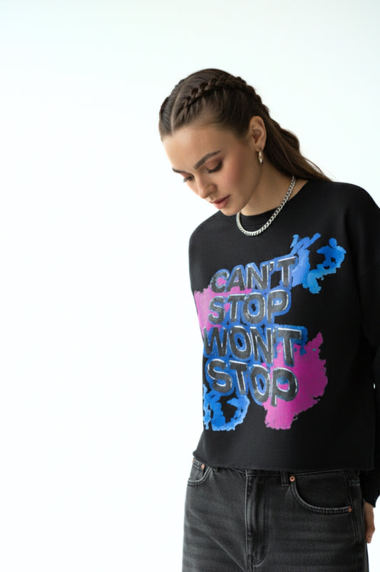 CAN’T STOP WON’T STOP – Women’s Cropped Raw-Hem Streetwear Black Sweater - FitMe Clothing