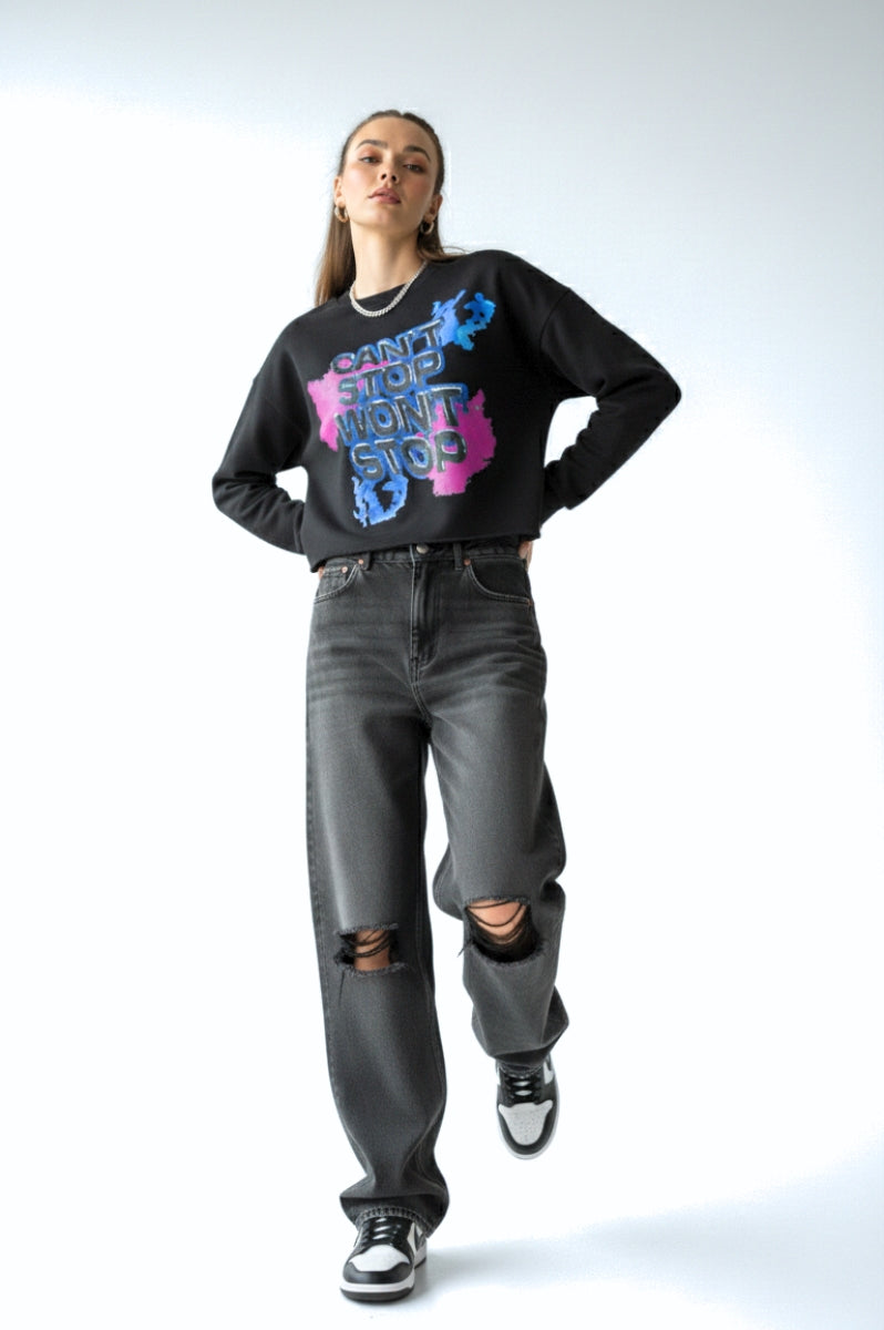 CAN’T STOP WON’T STOP – Women’s Cropped Raw-Hem Streetwear Black Sweater - FitMe Clothing