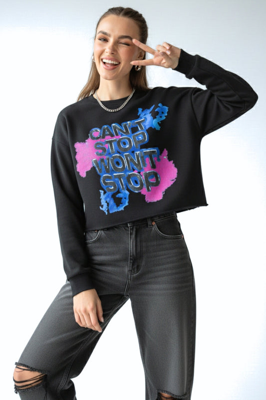 CAN’T STOP WON’T STOP – Women’s Cropped Raw-Hem Streetwear Black Sweater - FitMe Clothing