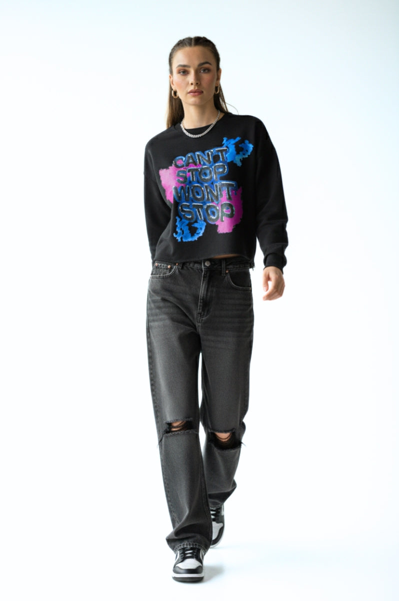 CAN’T STOP WON’T STOP – Women’s Cropped Raw-Hem Streetwear Black Sweater - FitMe Clothing