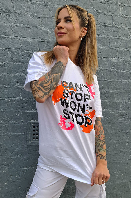'Can't Stop Won't Stop' Slogan White T-Shirt - FitMe Clothing
